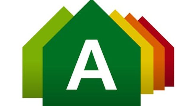 Logo for energimerking bestående av fem illustrasjoner formet som hus plassert foran hverandre med en stor A i front.